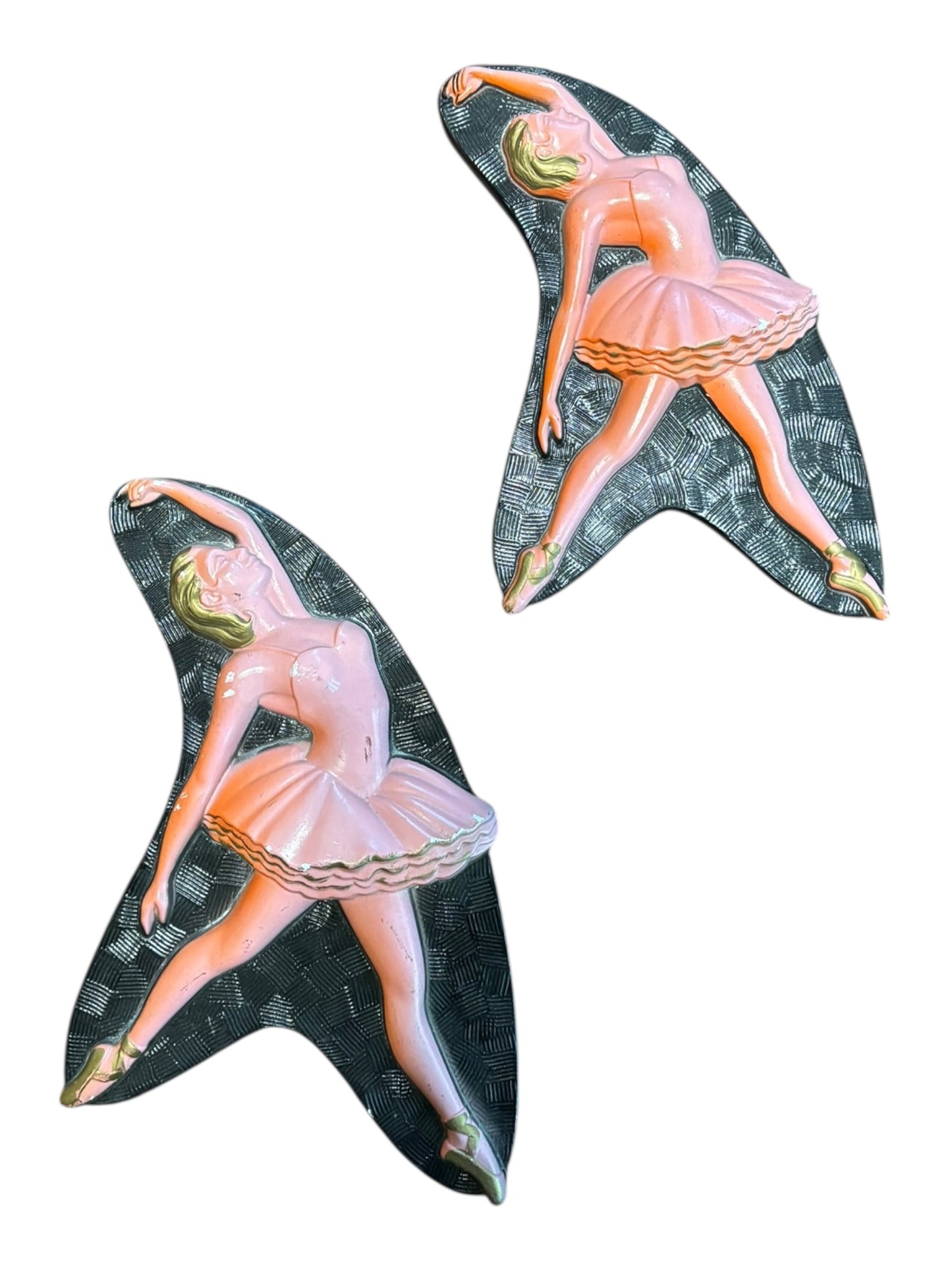 Vintage MCM Miller Studio Chalkware Ballerinas Set of 2 Pink Wall Plaques 10”