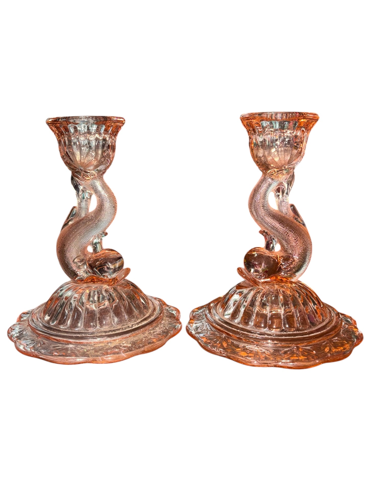 Set of 2 Flamingo Pink Heisey Dolphin Pressed Glass Candlesticks With Flared Petticoat Bottom 6” tall