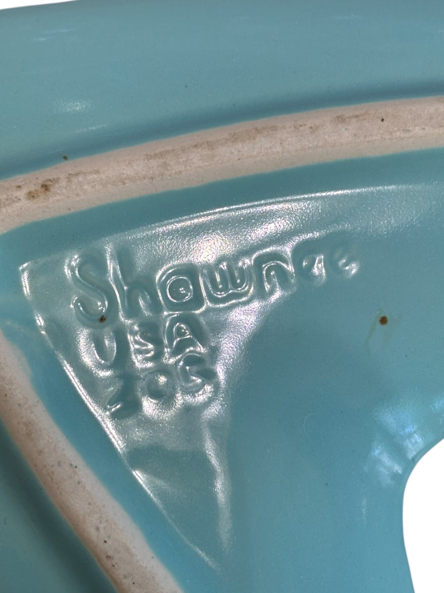 Shawnee Pottery Atomic Boomerang Ashtray, Mid Century Aqua Turquoise and Gold, Vintage 1950s 8.5”