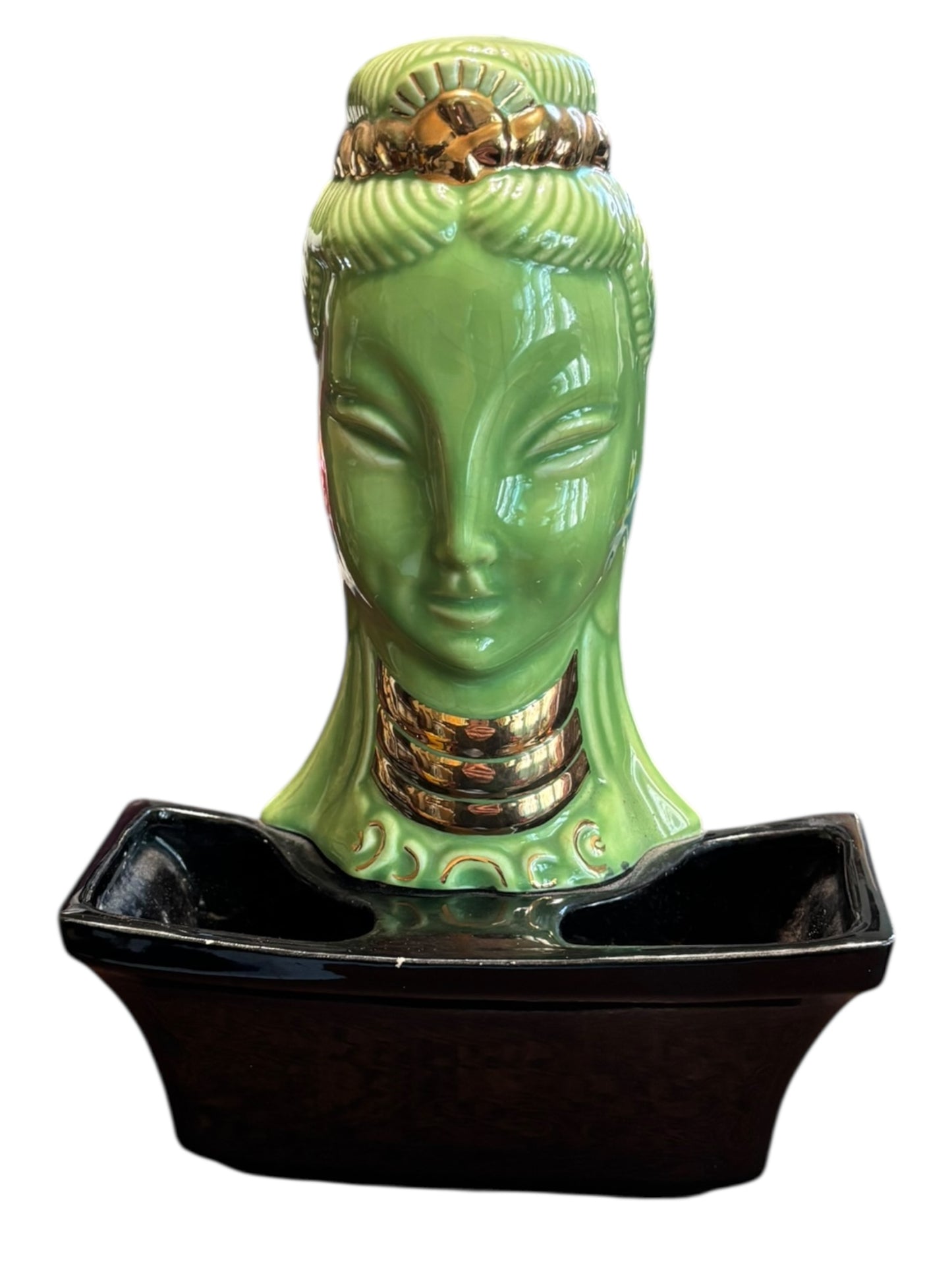 MCM Green Goddess Wall Pocket / Tabletop Planter With Neck Rings & Crown 10.5”