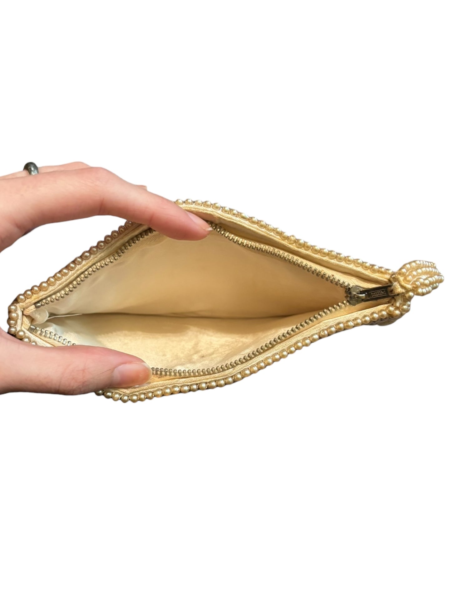 Antique Intricate Beaded Cream Pearl Vintage Antler Clutch Handbag 4.25” Tall