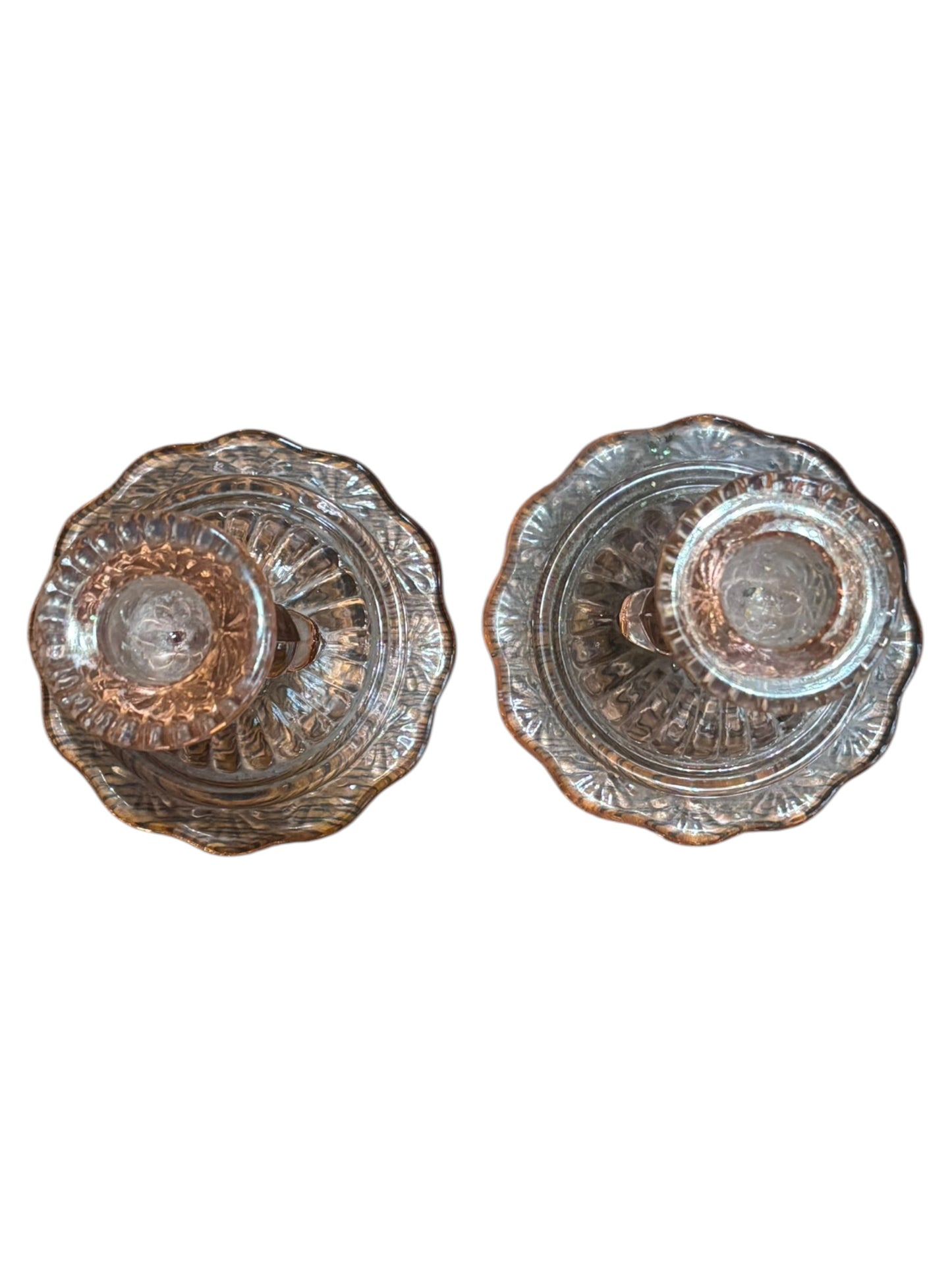 Set of 2 Flamingo Pink Heisey Dolphin Pressed Glass Candlesticks With Flared Petticoat Bottom 6” tall