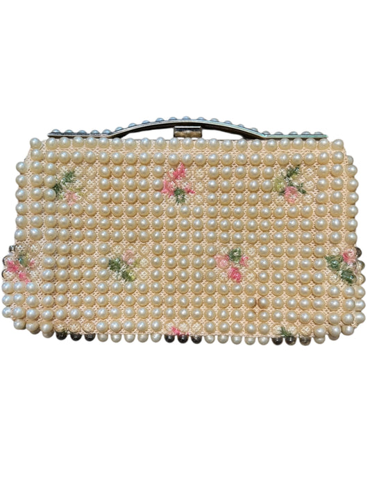 Antique Chunky Beaded Pearl and Floral Vintage Handbag Clutch 6” Tall With Handle