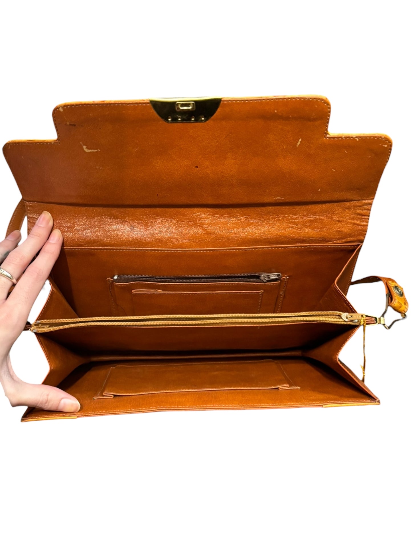 Vintage Leather Alligator Handbag With Lock & Key And A Suede Inside 23” Tall With Strap