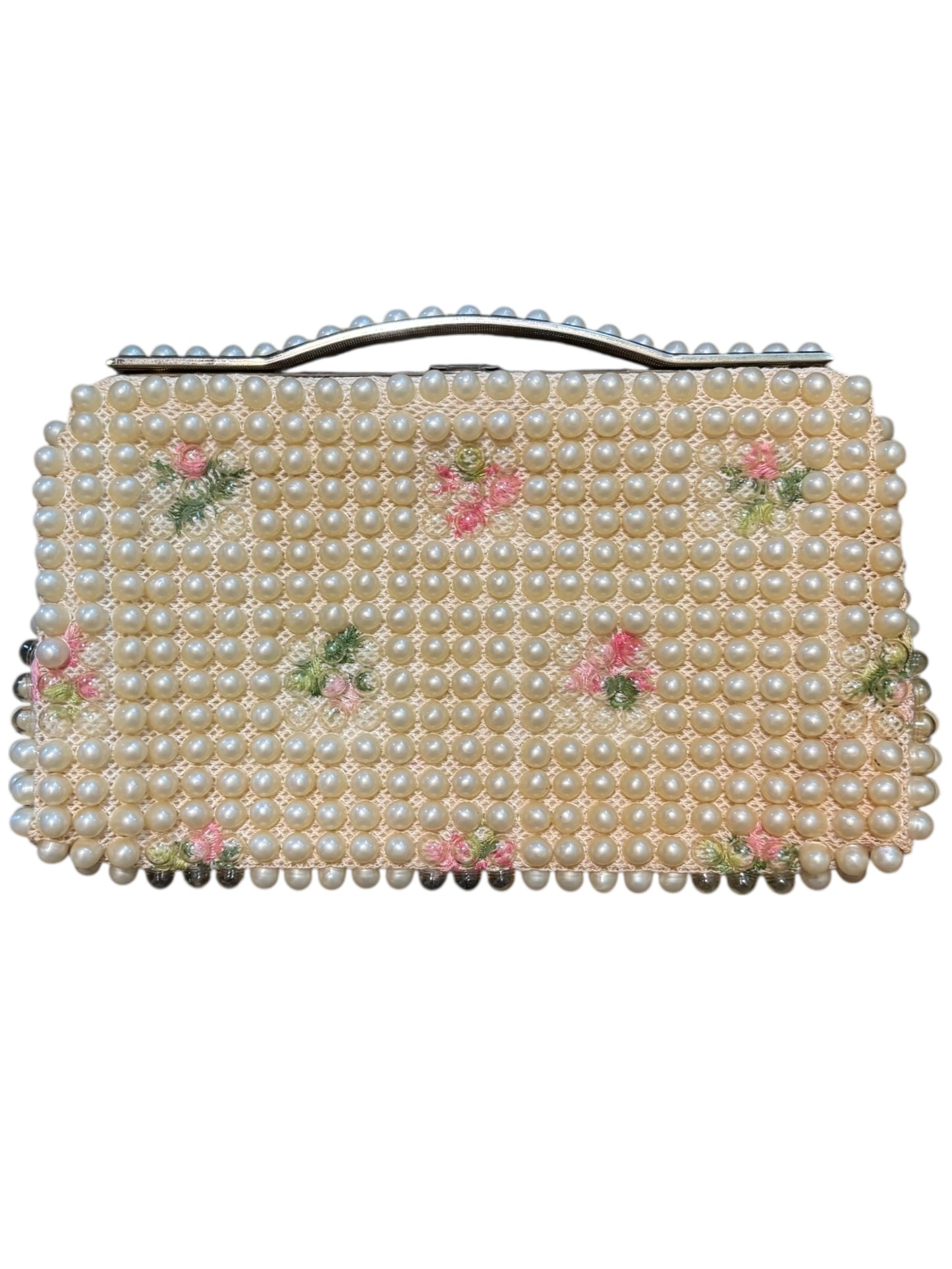 Antique Chunky Beaded Pearl and Floral Vintage Handbag Clutch 6” Tall With Handle