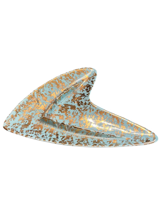 Shawnee Pottery Atomic Boomerang Ashtray, Mid Century Aqua Turquoise and Gold, Vintage 1950s 8.5”