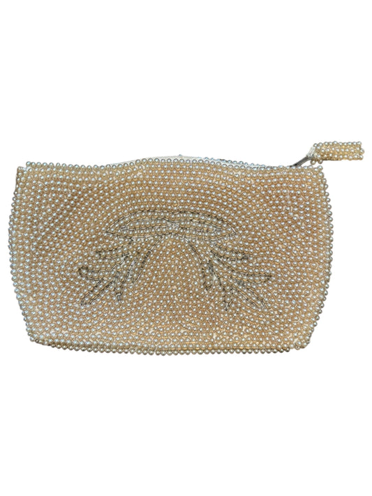 Antique Intricate Beaded Cream Pearl Vintage Antler Clutch Handbag 4.25” Tall