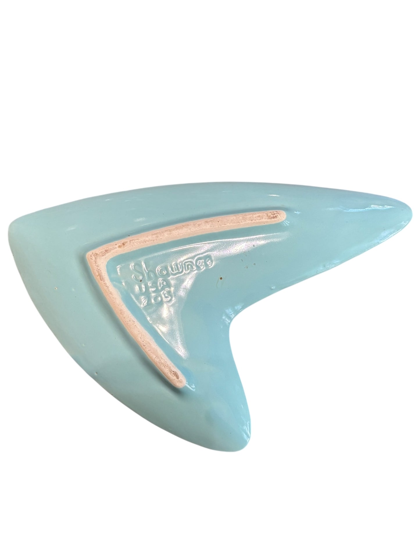 Shawnee Pottery Atomic Boomerang Ashtray, Mid Century Aqua Turquoise and Gold, Vintage 1950s 8.5”