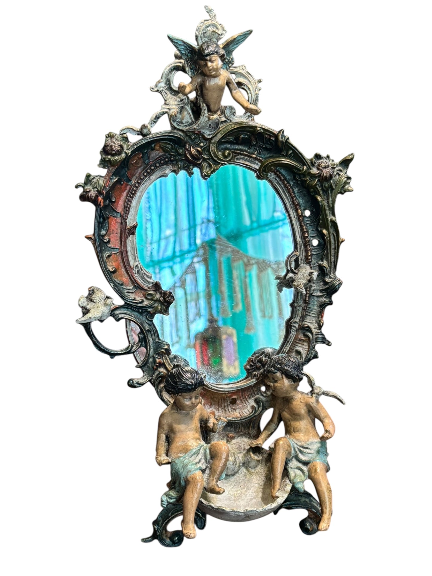 Antique Cast Iron French Gilded Ornate Cherub Mirror W/ Holy Water Well 15”