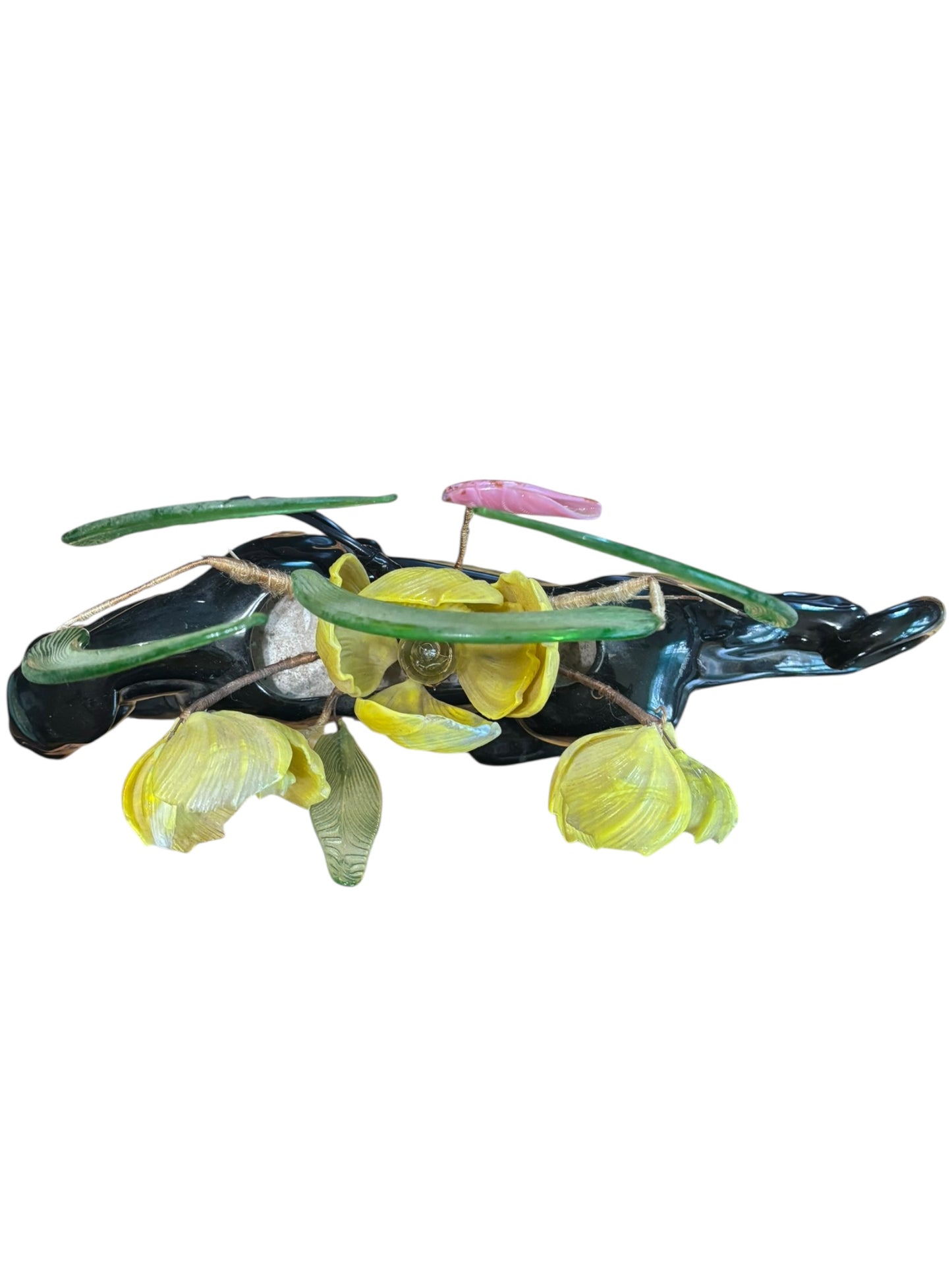 Vintage MCM Mid Century Modern Black Panther Floral Glass  15”