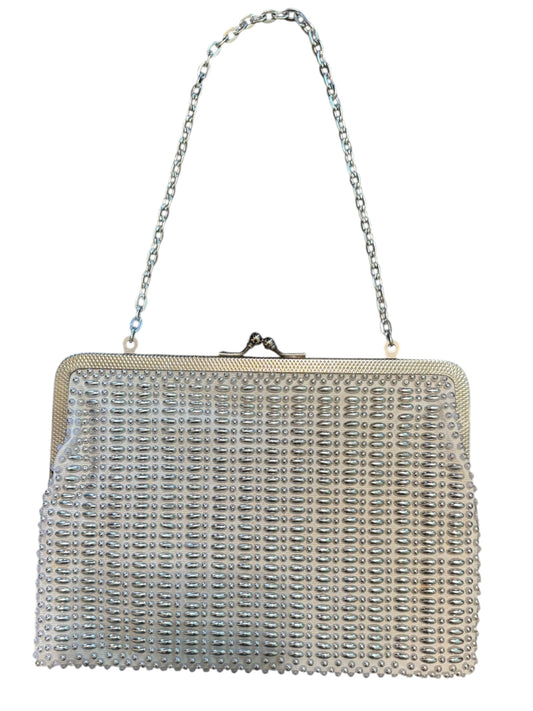 Antique Beaded Silver and White Intricate Geometric Clutch Handbag 11” With Strap