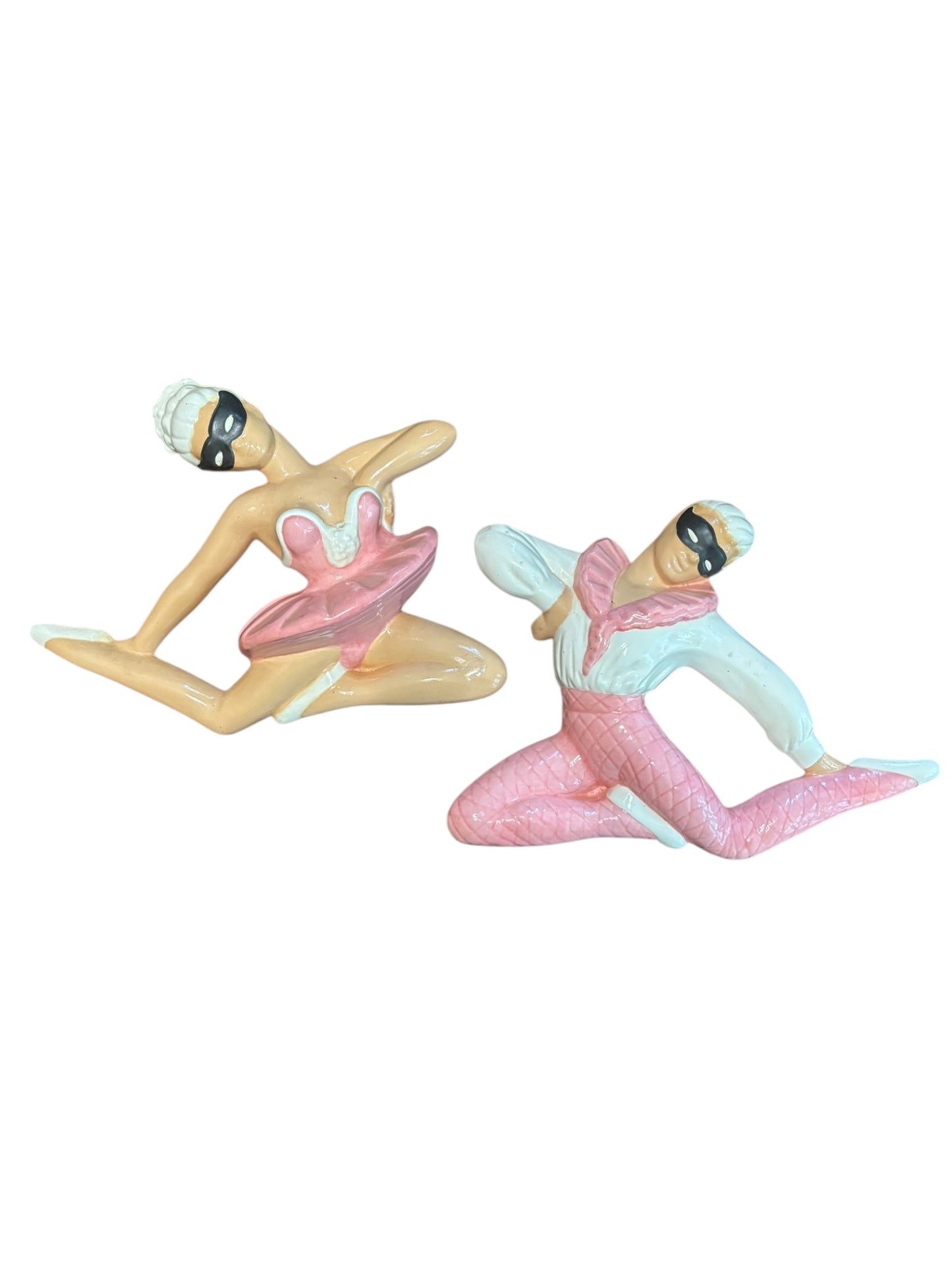 Vintage MCM Chalkware Set Of 2 Masked Ballerina Dancer Wall Plaques 10”