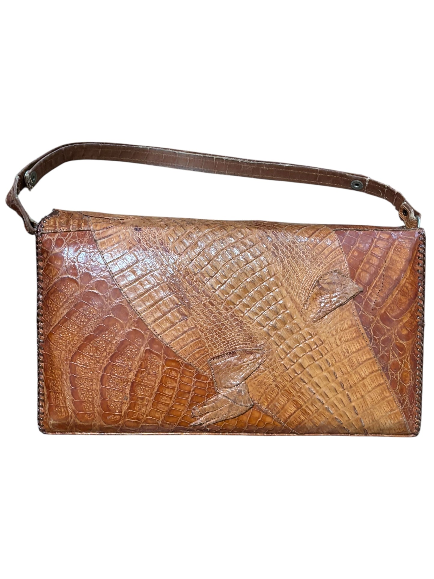 Vintage Genuine Baby Alligator Leather Handbag With Suede Inside 8” Tall