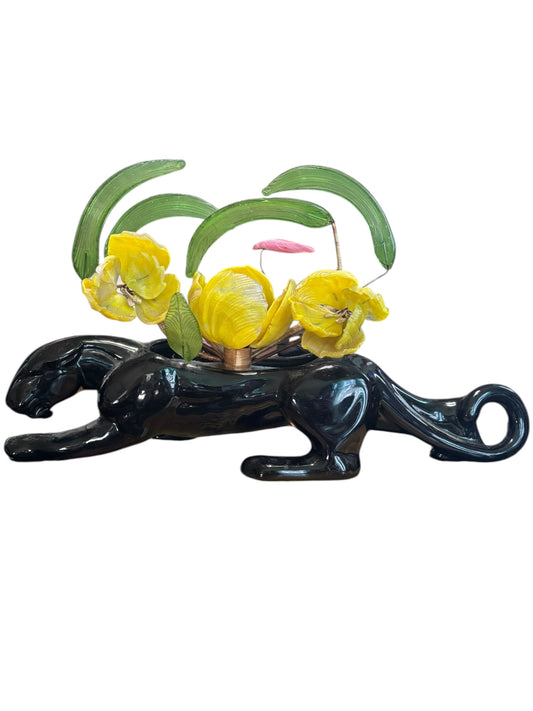 Vintage MCM Mid Century Modern Black Panther Floral Glass  15”