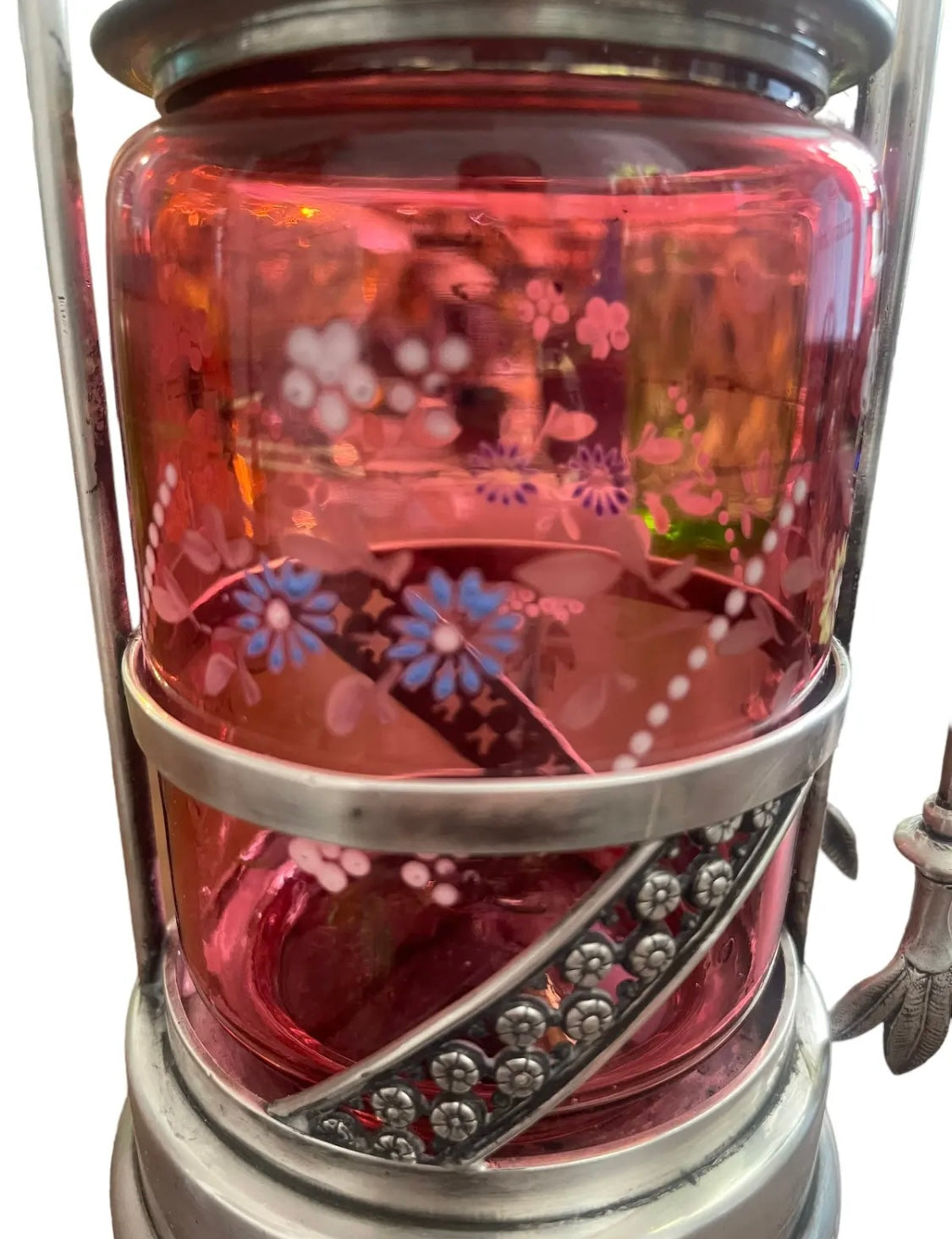 Antique Handpainted Victorian Cranberry Glass Pickle Jar w/ Tongs