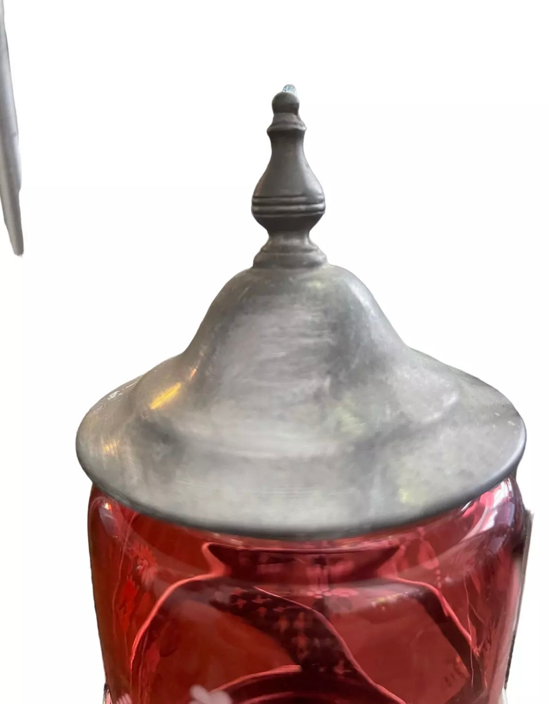 Antique Handpainted Victorian Cranberry Glass Pickle Jar w/ Tongs