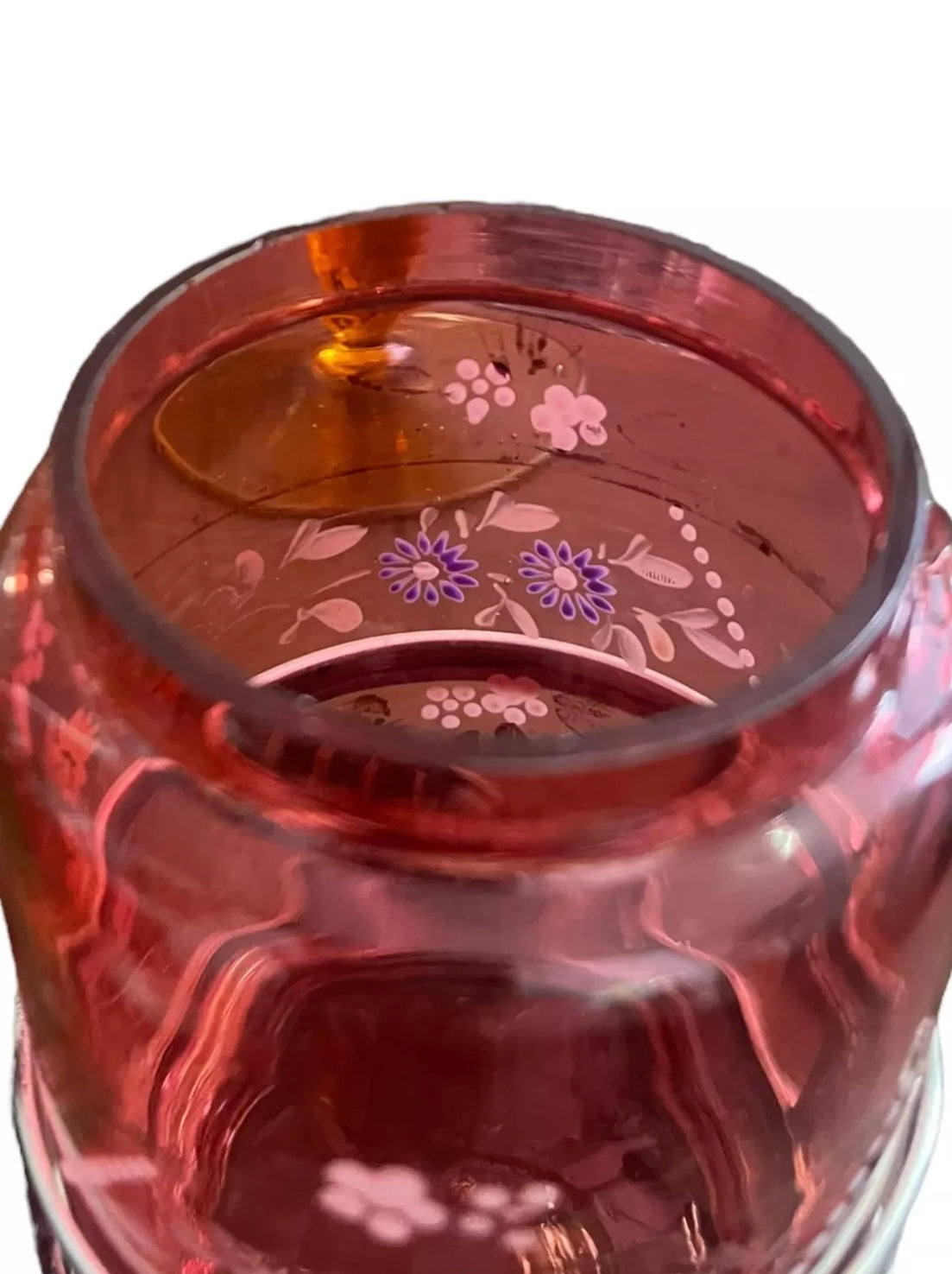 Antique Handpainted Victorian Cranberry Glass Pickle Jar w/ Tongs