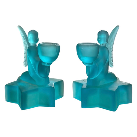 Vintage LE Smith Frosted Blue Glass Angel Candle Holder Set of 2.5” tall