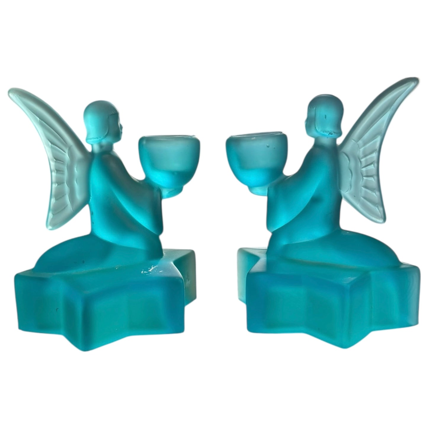 Vintage LE Smith Frosted Blue Glass Angel Candle Holder Set of 2.5” tall