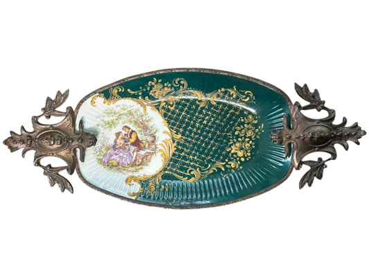 Antique Hand Painted Porcelana Petit Paris Industria Argentina Dish with Brass 13.75” long