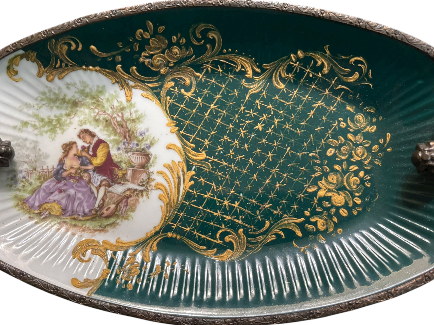 Antique Hand Painted Porcelana Petit Paris Industria Argentina Dish with Brass 13.75” long