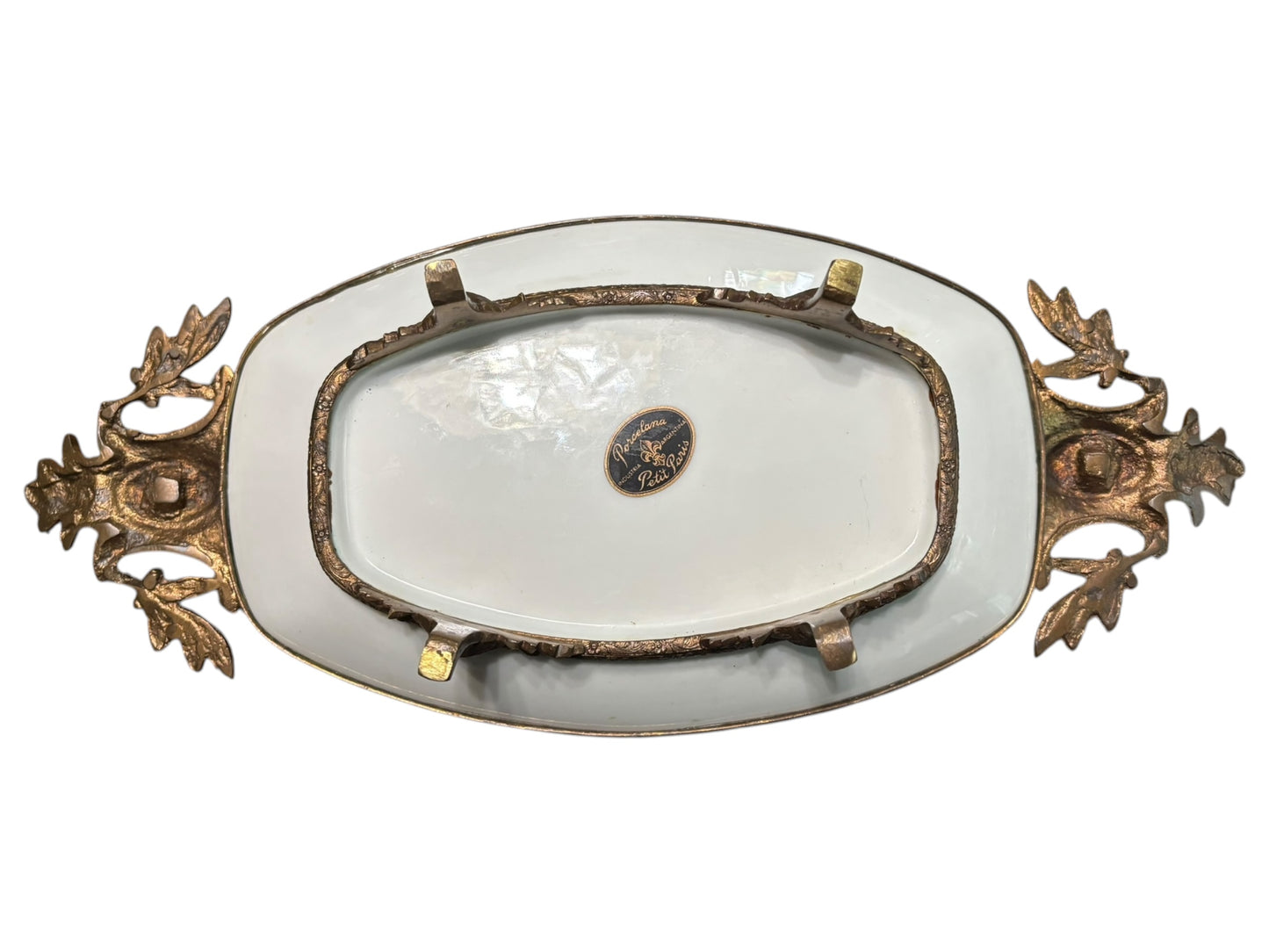 Antique Hand Painted Porcelana Petit Paris Industria Argentina Dish with Brass 13.75” long