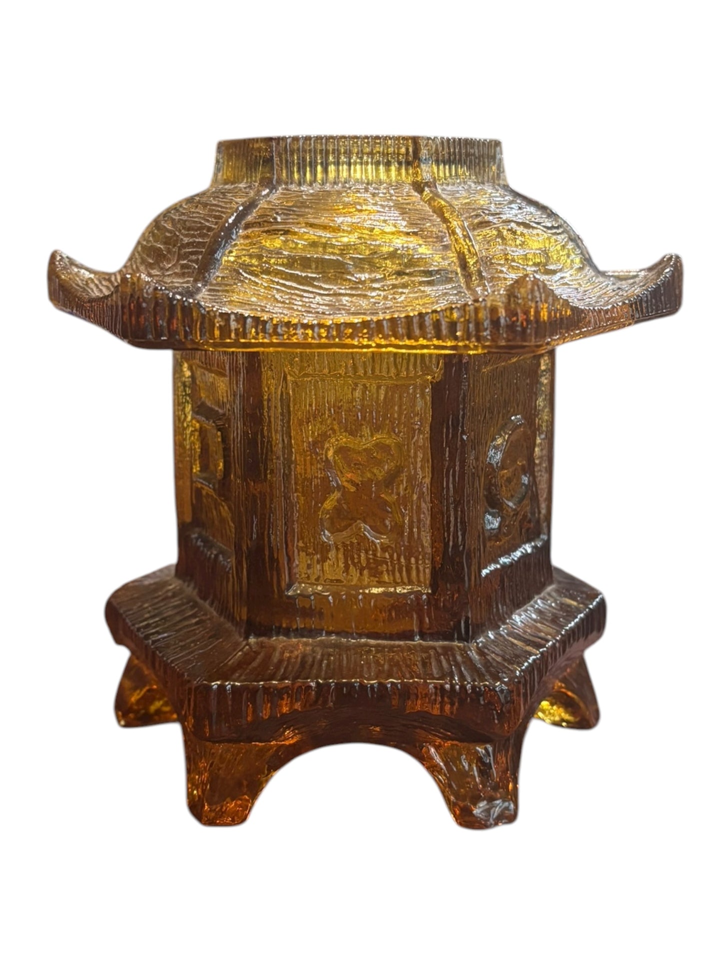 Vintage LE Smith Amber Asian Pagoda Glass Fairy Lamp 6” tall