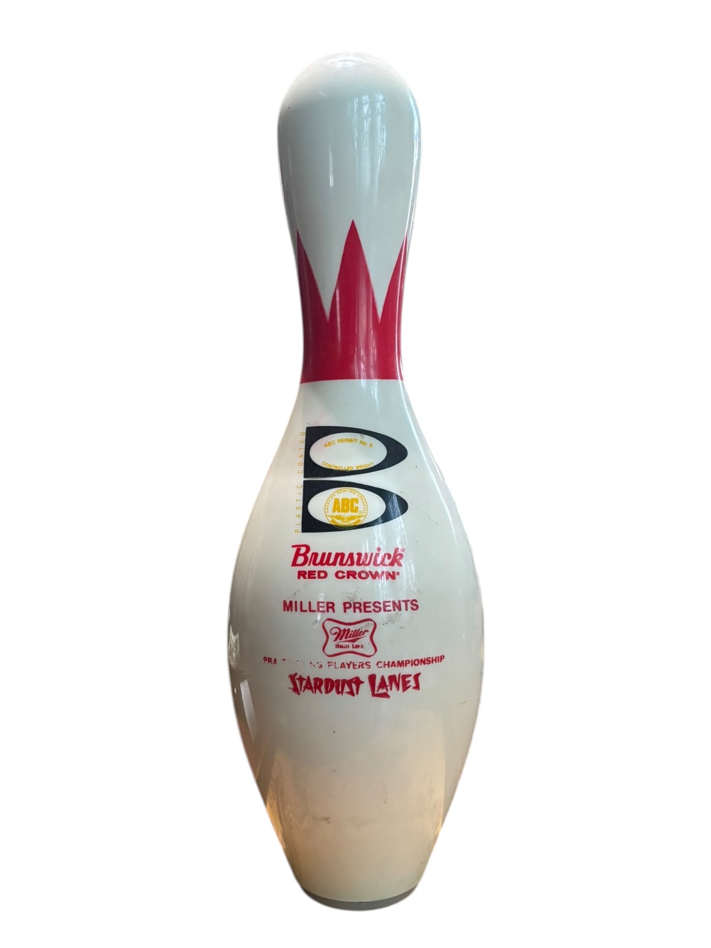 Mid Century Modern Brunswick Red Crown Miller Stardust Lanes Bowling Pin 15.25” tall