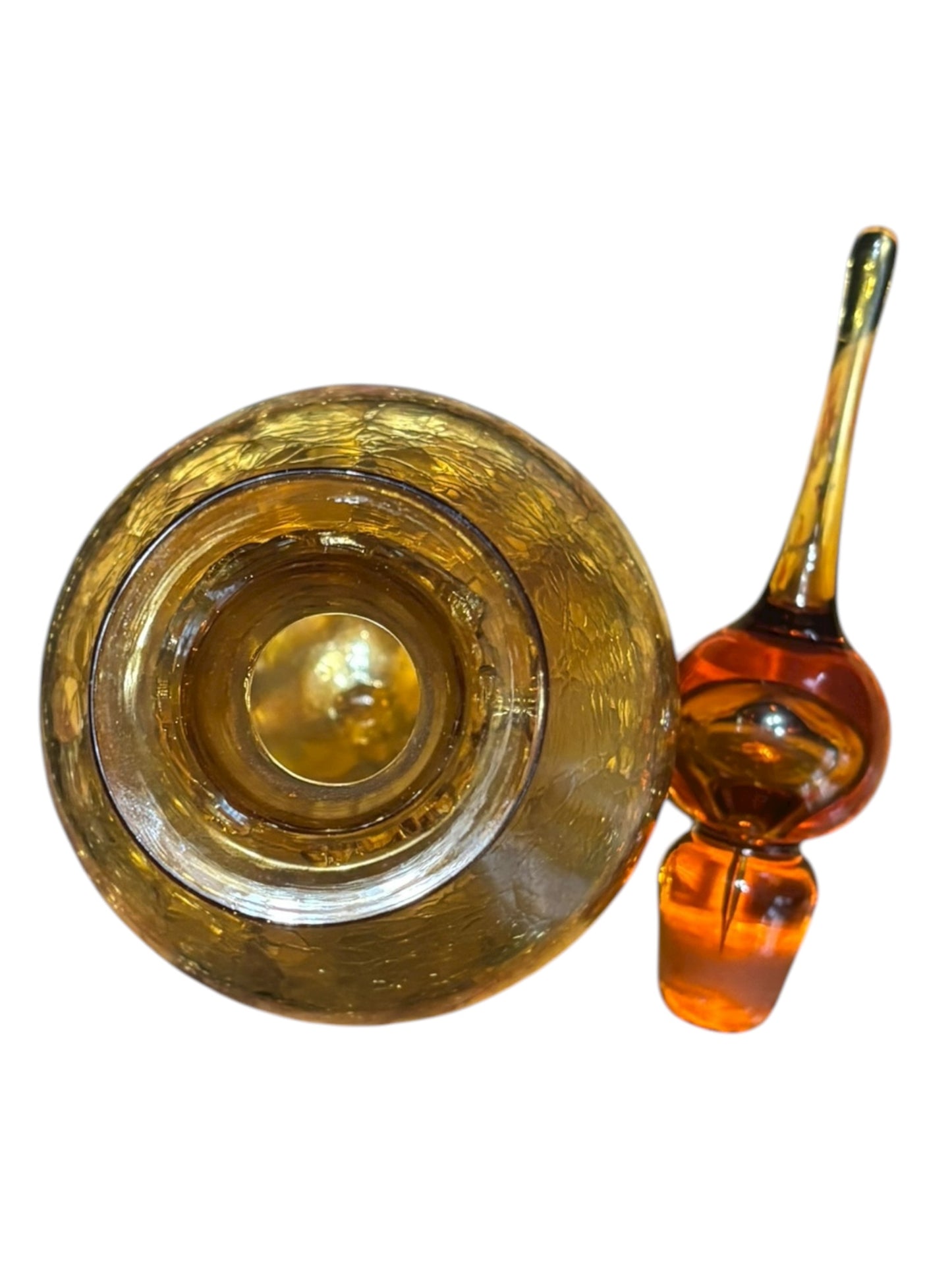 Vintage Mid Century Rainbow Amber Crackle Glass Teardrop Decanter W/ Flame Stopper 10.25” tall
