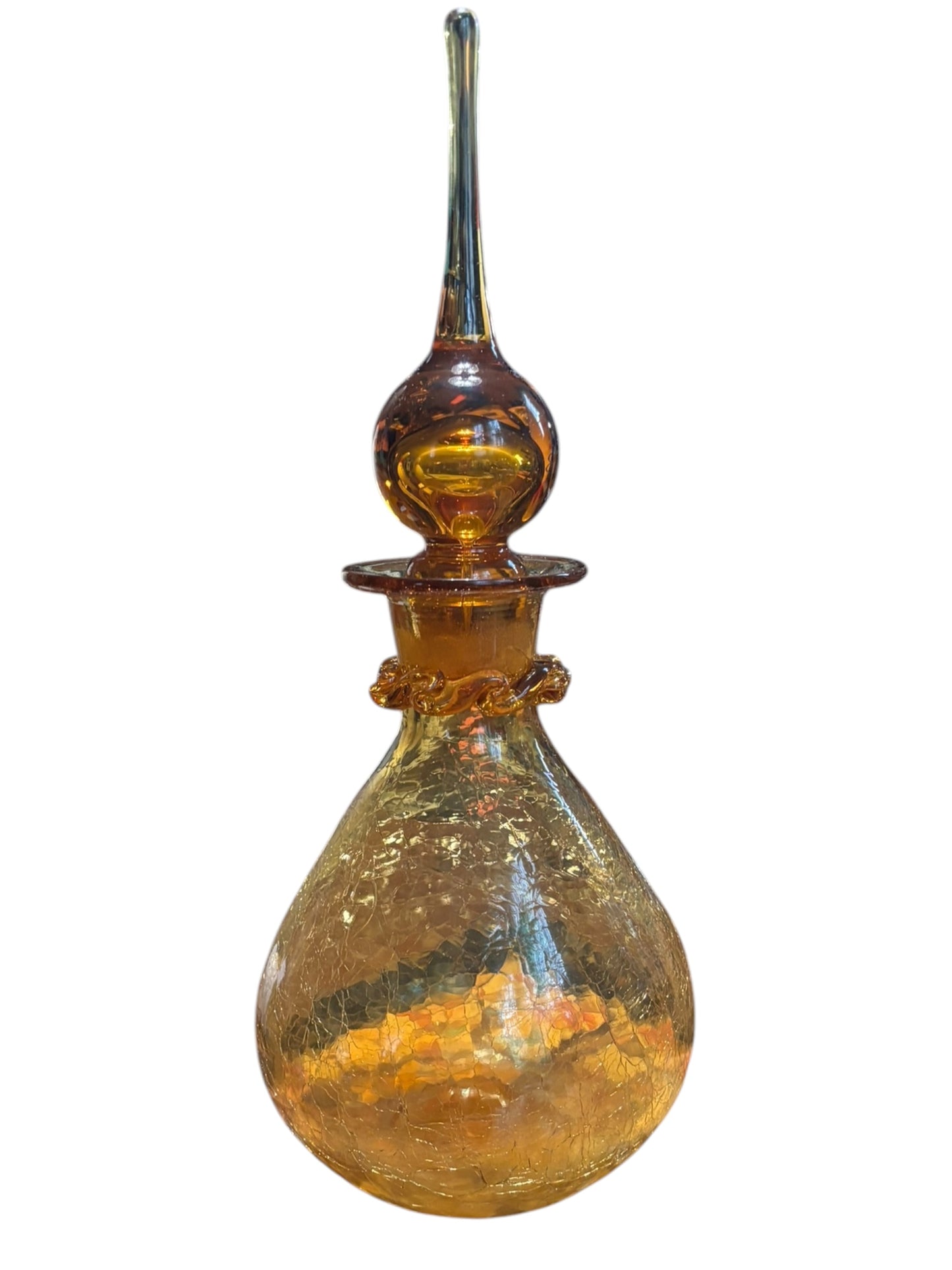 Vintage Mid Century Rainbow Amber Crackle Glass Teardrop Decanter W/ Flame Stopper 10.25” tall