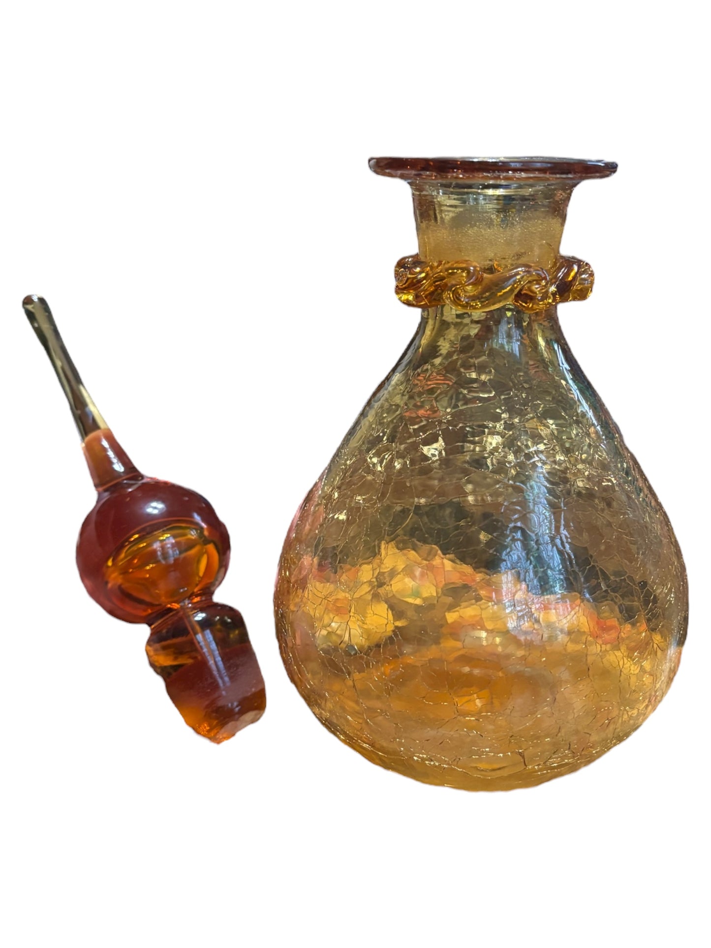 Vintage Mid Century Rainbow Amber Crackle Glass Teardrop Decanter W/ Flame Stopper 10.25” tall