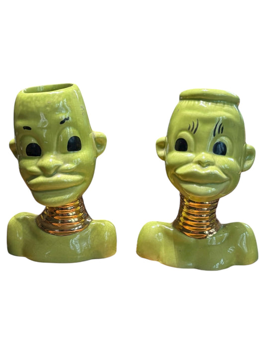 Set of 2 Vintage MCM Blackamoor Tribal Ceramic Green African Woman and Man Head Neck Rings Vase Planter 5.5” tall