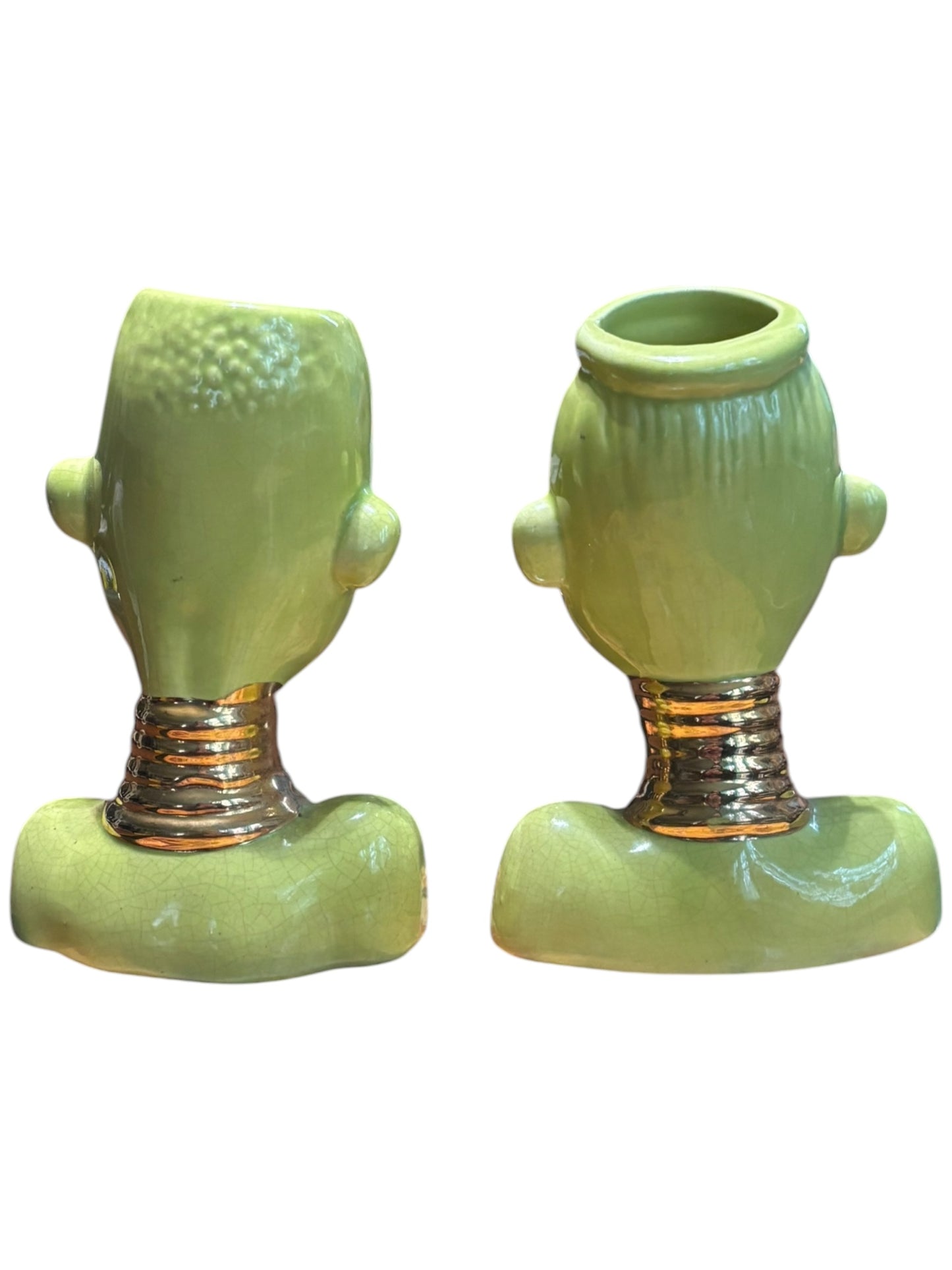 Set of 2 Vintage MCM Blackamoor Tribal Ceramic Green African Woman and Man Head Neck Rings Vase Planter 5.5” tall