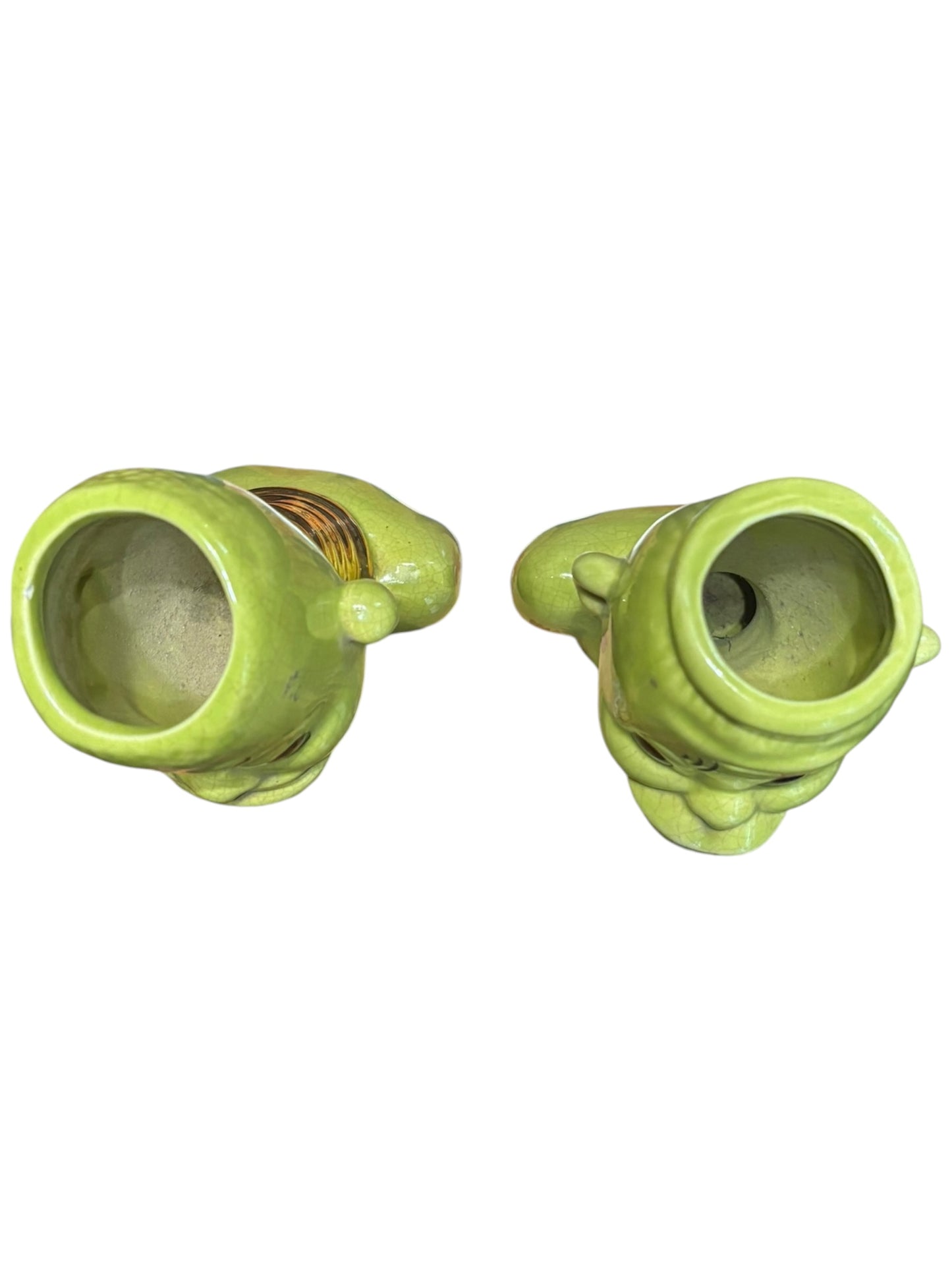 Set of 2 Vintage MCM Blackamoor Tribal Ceramic Green African Woman and Man Head Neck Rings Vase Planter 5.5” tall