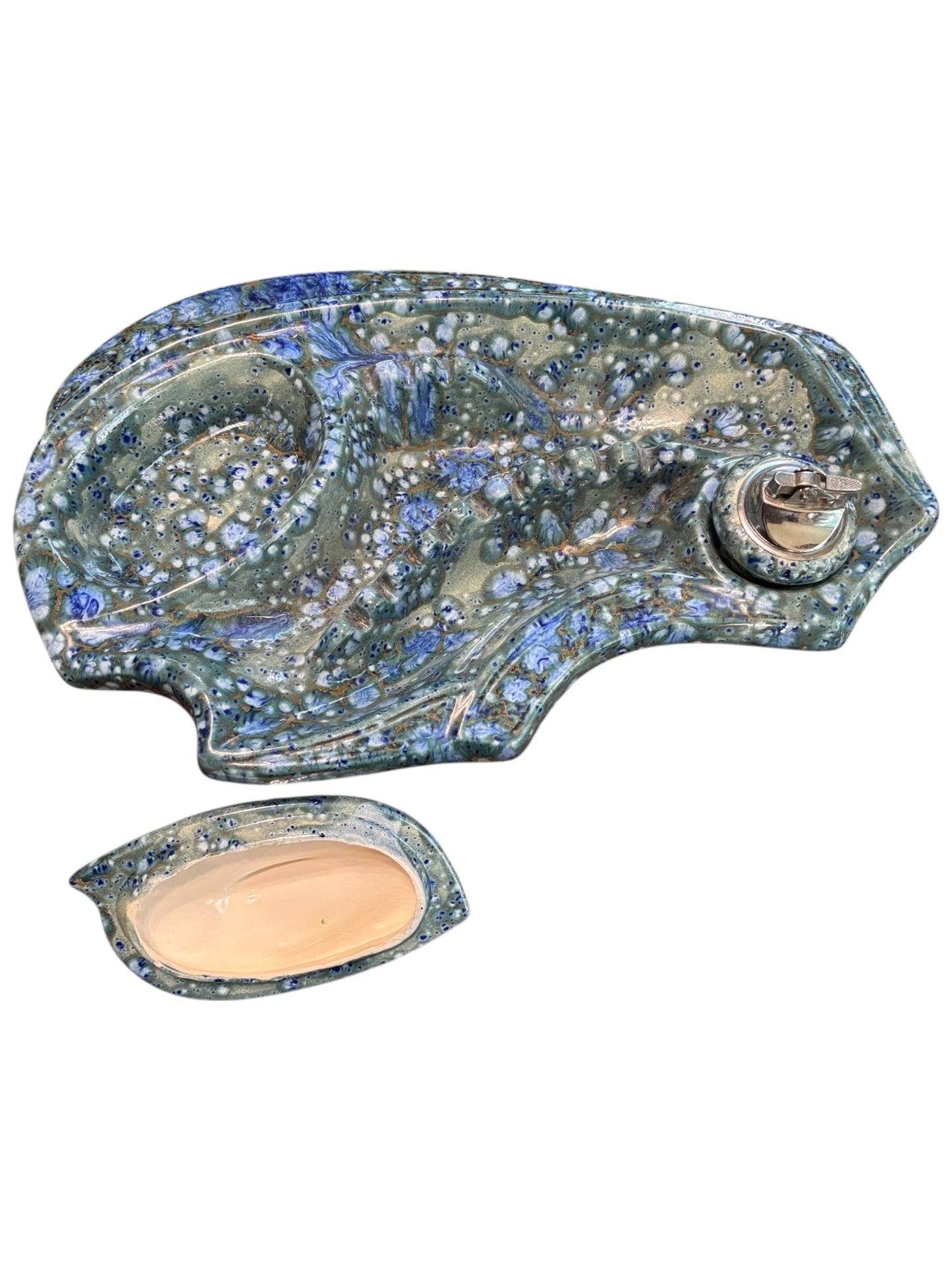 Vintage MCM Large Ceramic Blue Speckled Ashtray 3pc W/ Lighter and Box