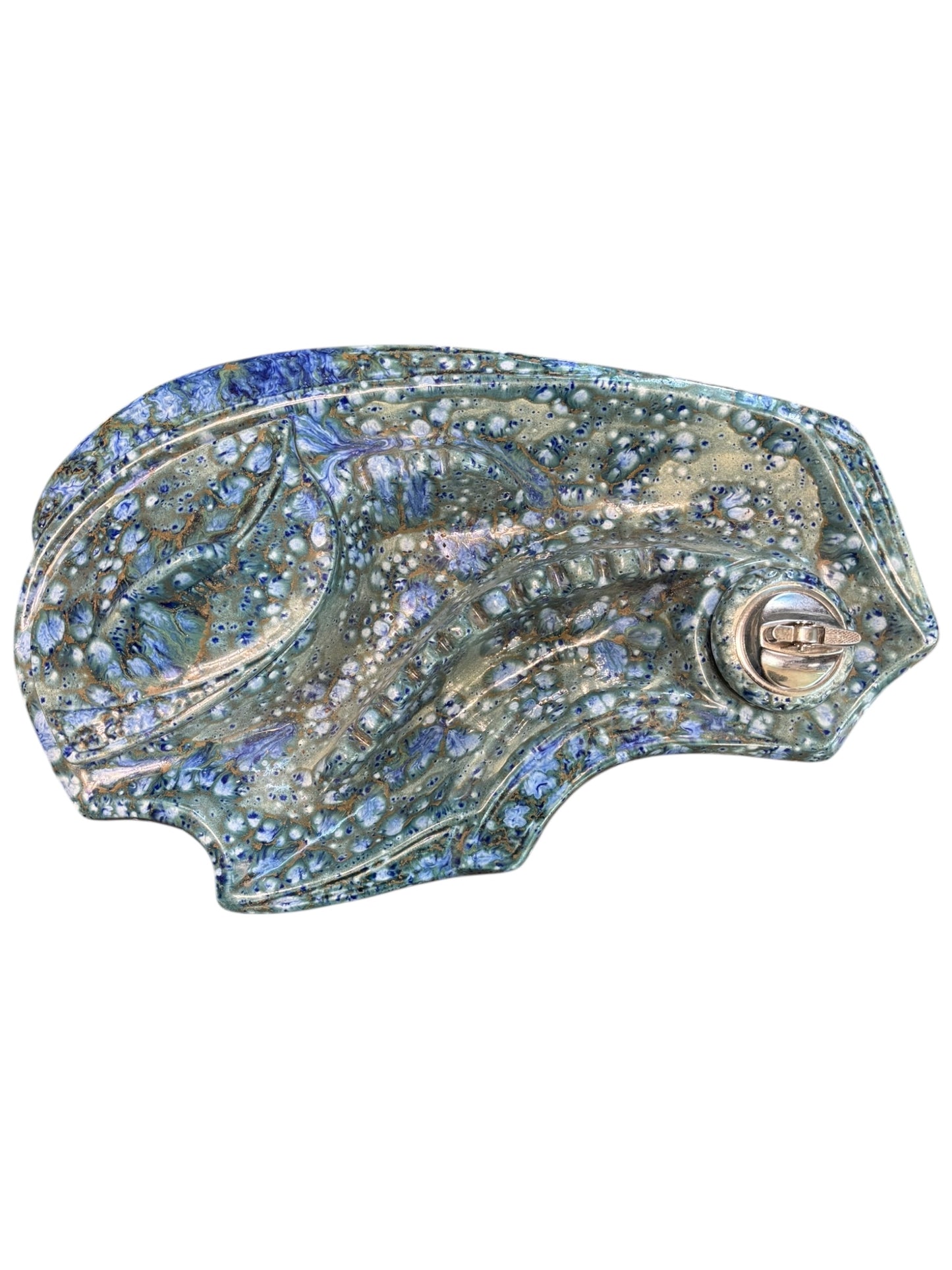 Vintage MCM Large Ceramic Blue Speckled Ashtray 3pc W/ Lighter and Box