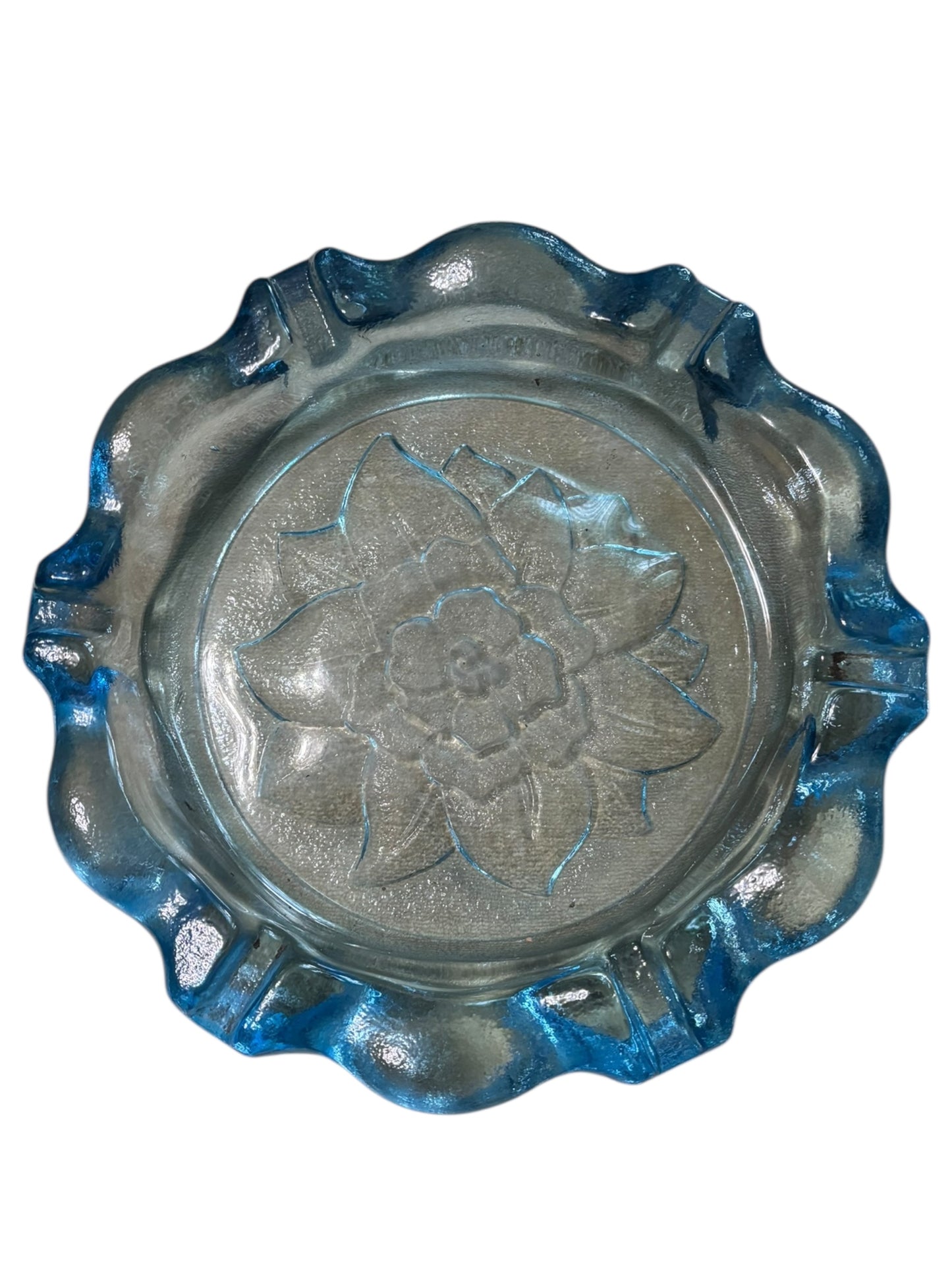 Vintage Tiara Indiana Embossed Glass Lotus Horizon Blue Ashtray 9.5”