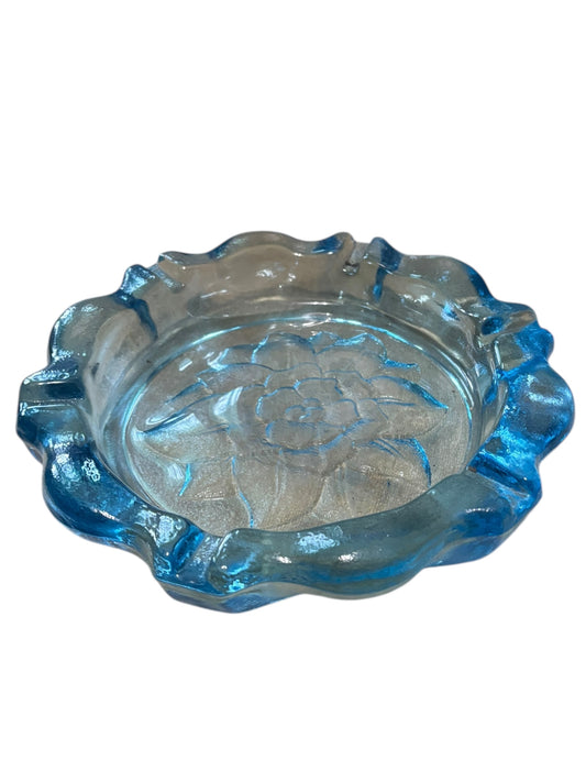 Vintage Tiara Indiana Embossed Glass Lotus Horizon Blue Ashtray 9.5”