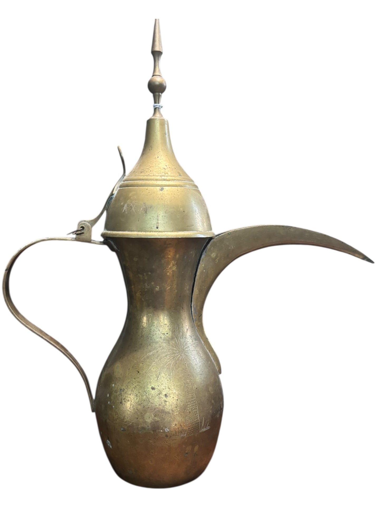 Antique Brass Arabic Turkish Dallah Coffee Pot W/ Etched Letters, Camel, & Palm Tree 24” tall