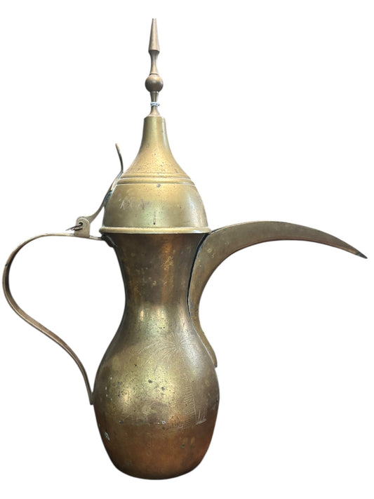Antique Brass Arabic Turkish Dallah Coffee Pot W/ Etched Letters, Camel, & Palm Tree 24” tall
