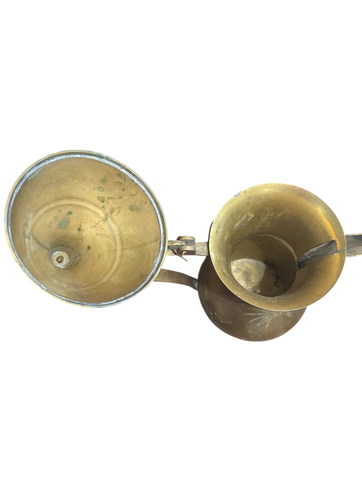 Antique Brass Arabic Turkish Dallah Coffee Pot W/ Etched Letters, Camel, & Palm Tree 24” tall