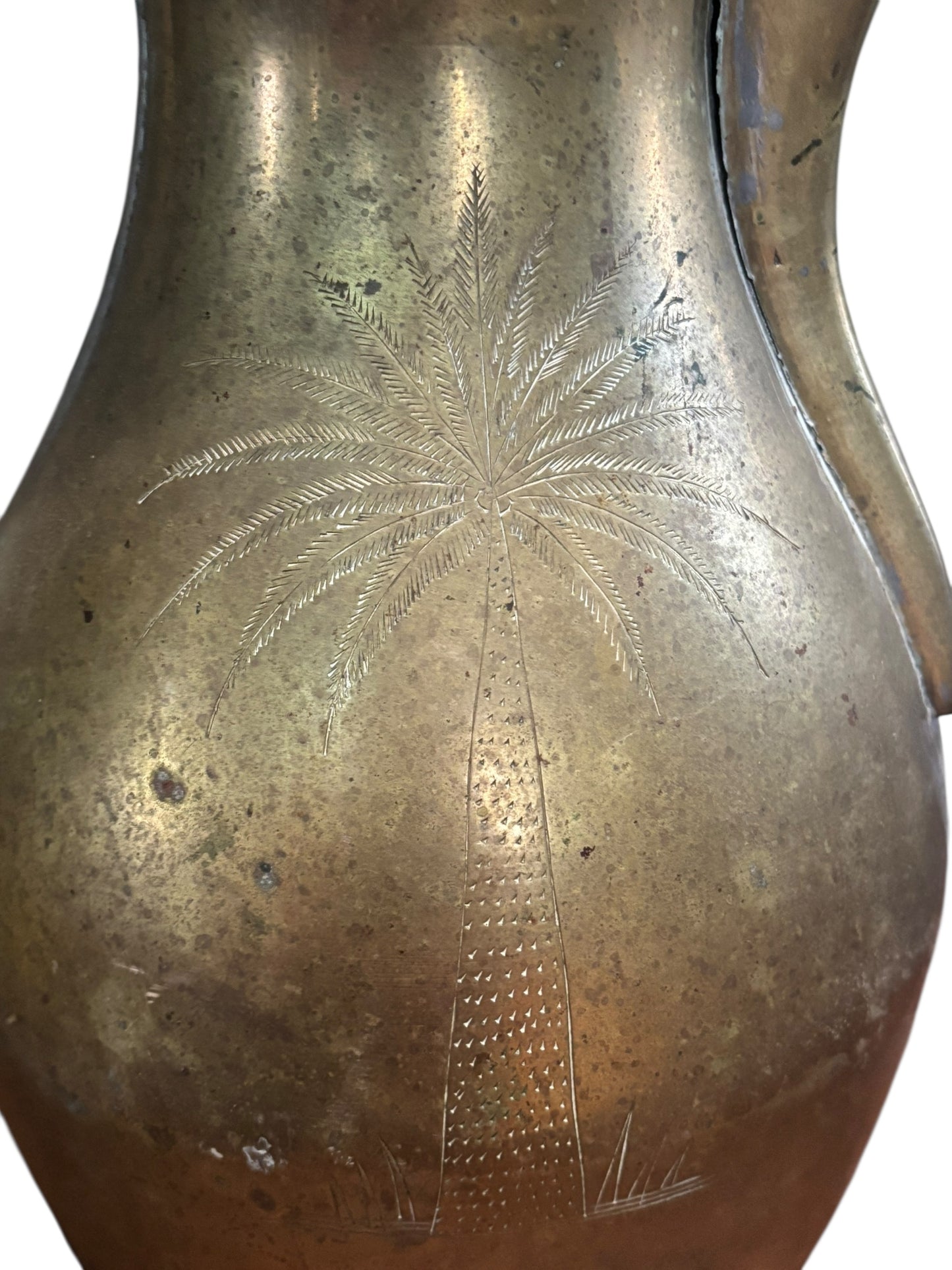 Antique Brass Arabic Turkish Dallah Coffee Pot W/ Etched Letters, Camel, & Palm Tree 24” tall