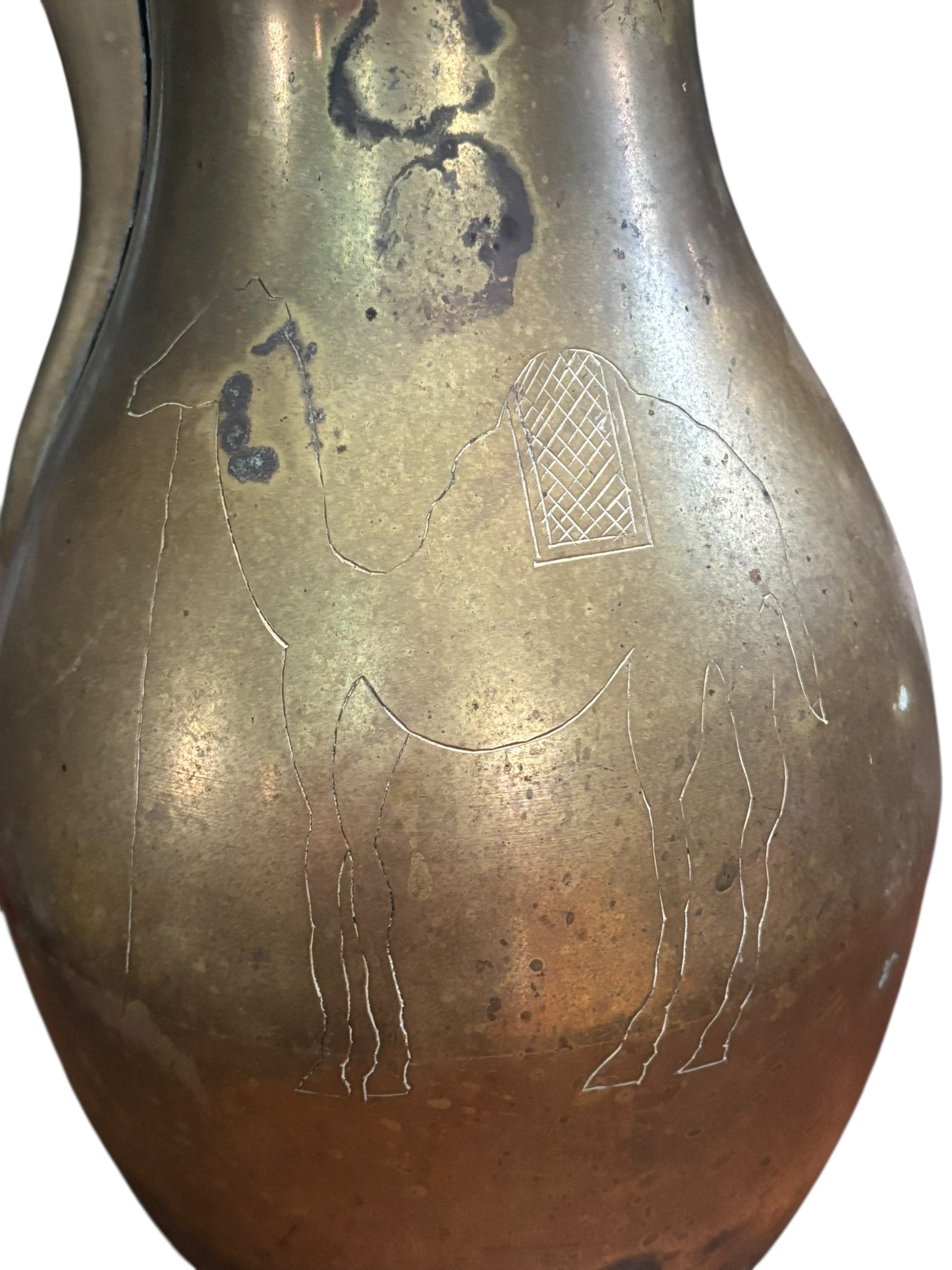 Antique Brass Arabic Turkish Dallah Coffee Pot W/ Etched Letters, Camel, & Palm Tree 24” tall