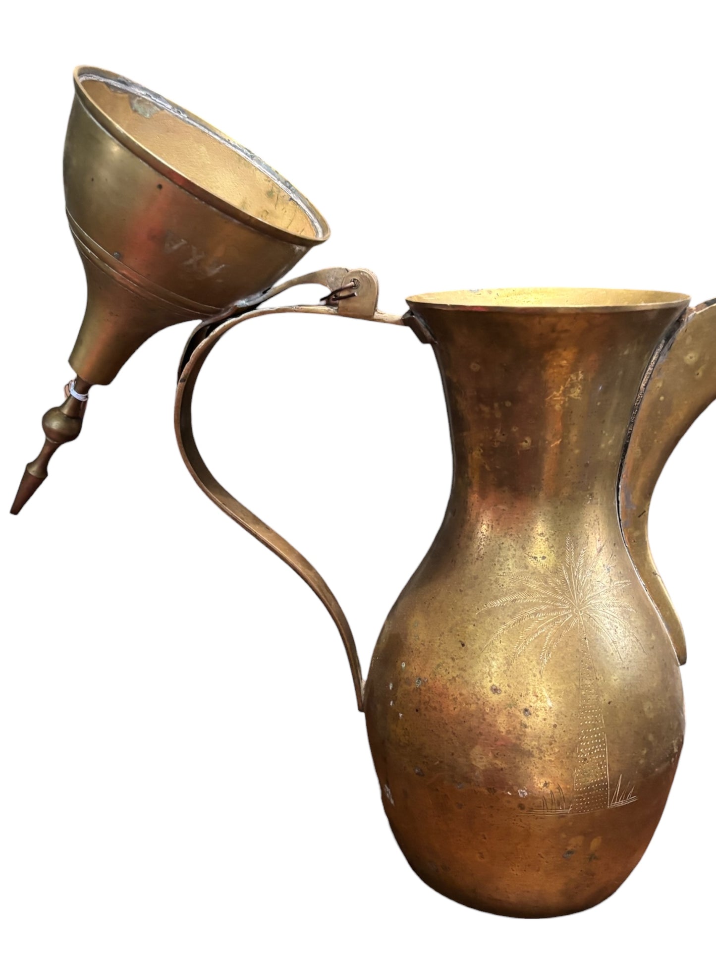 Antique Brass Arabic Turkish Dallah Coffee Pot W/ Etched Letters, Camel, & Palm Tree 24” tall