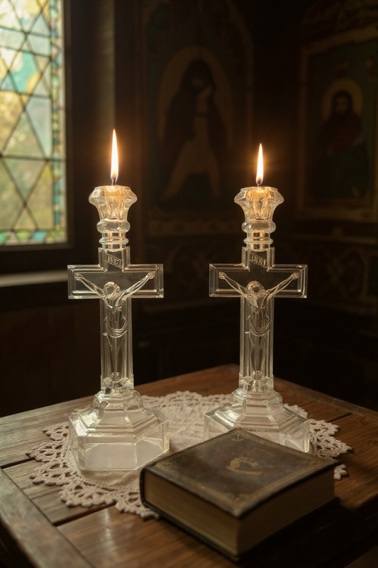 Antique 12” Glass Crucifix Candle Holders