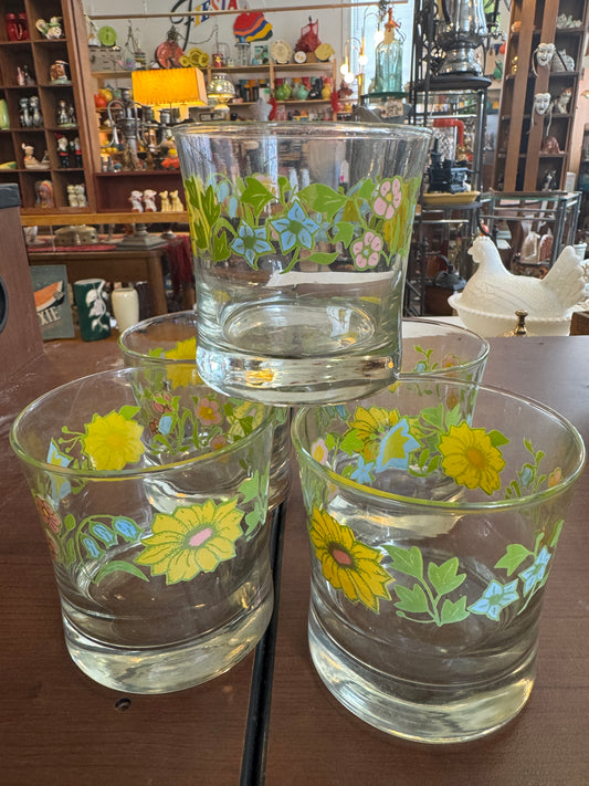 Vintage Corelle Meadow Glass Set Of 5 Floral Excellent 4” 12oz