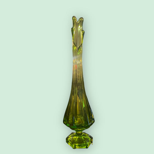 Viking Glass Green 13” 6 Panel Mid Century Modern Vintage Vase