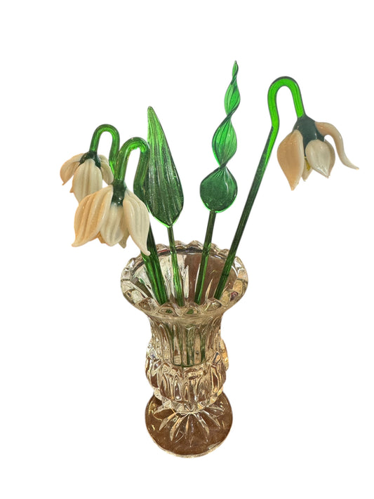 Art Glass Hand Blown Snowdrop 7' with Leaves and Vase 6 Piece Set