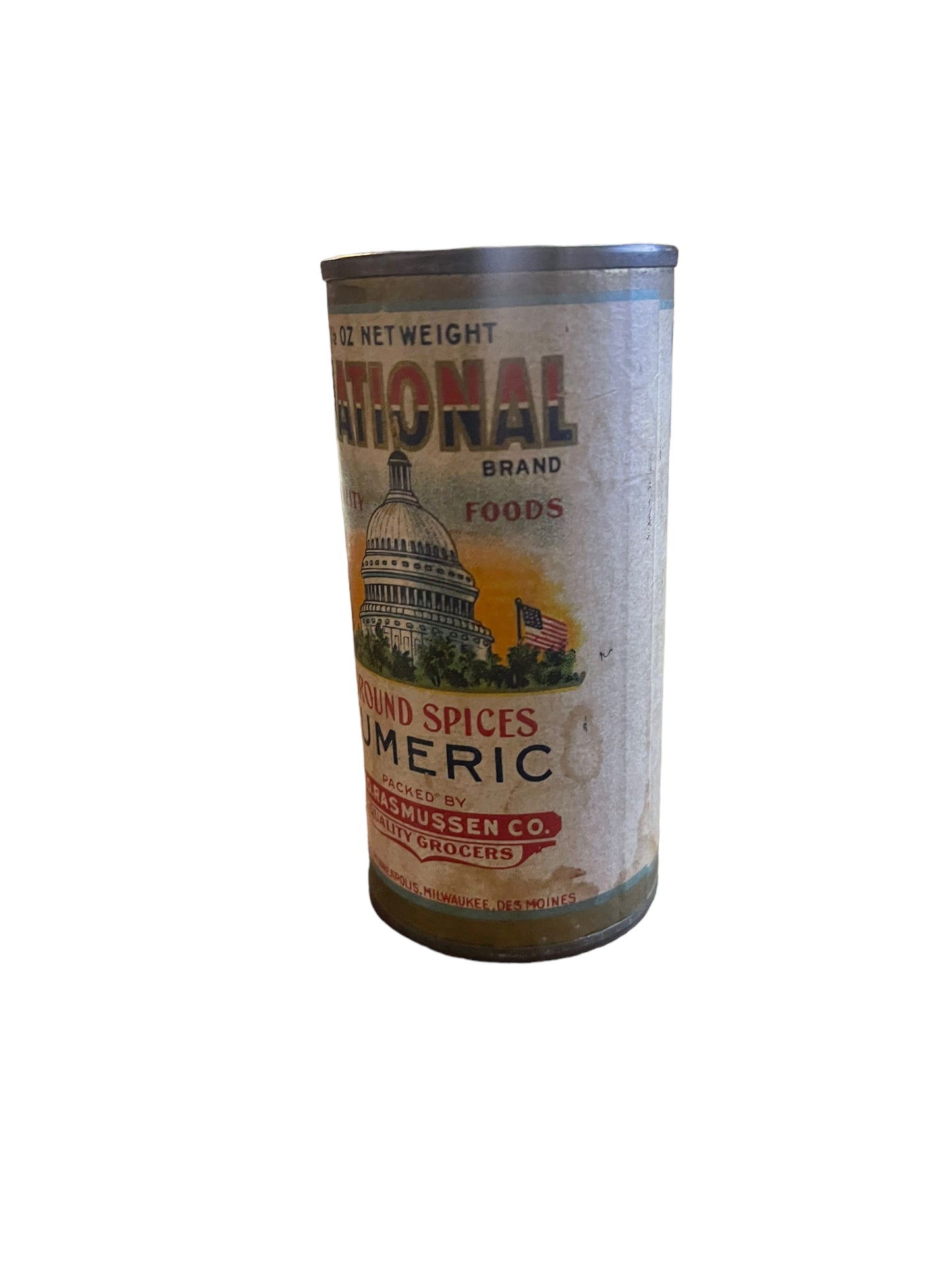 Vintage National Tumeric Spice Round Tin Geo Rasmussen Co. Chicago Des Moines