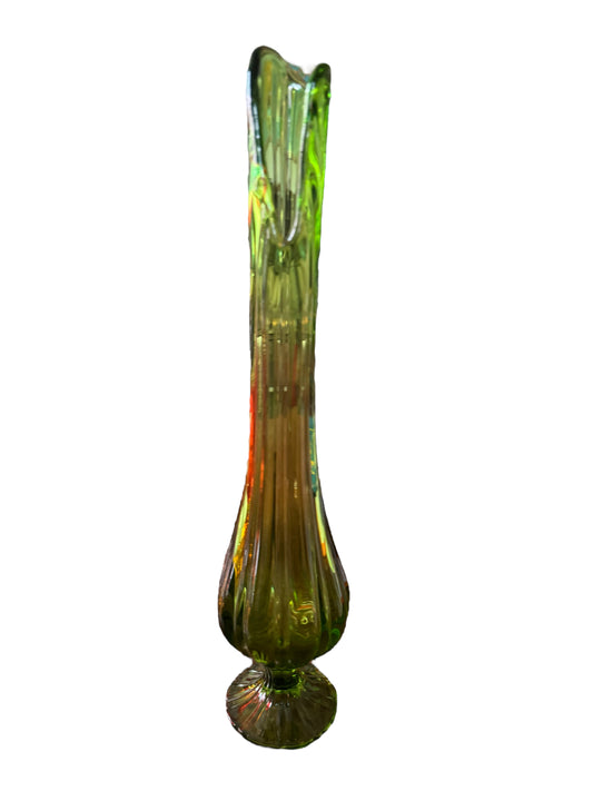 Vintage MCM  LE Smith  15.5" Swung Glass Green Ribbed  Pedestal Vase